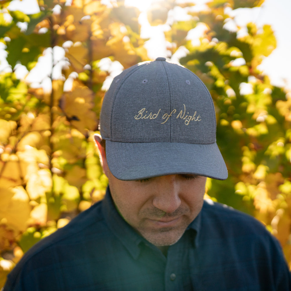 Male model wearing Bird of Night hat in Heather Grey in vineyard