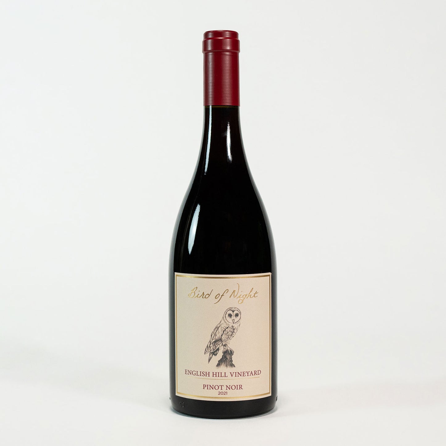 Bottle shot of 2021 English Hill Vineyard Pinot Noir on white background