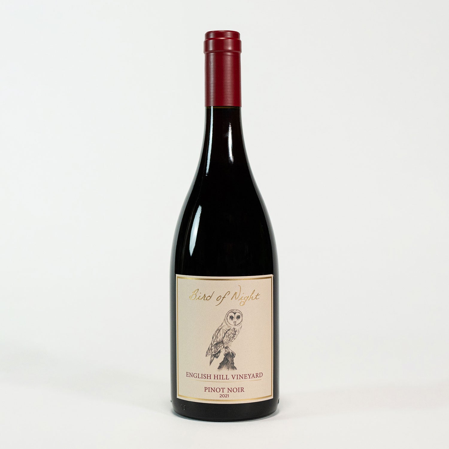 Bottle shot of 2021 English Hill Vineyard Pinot Noir on white background